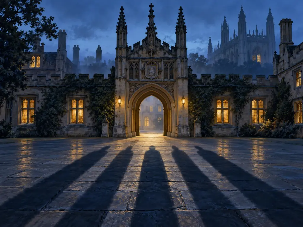 AI-generated editorial illustration: Cambridge college gateway and five long shadows across an empty courtyard.