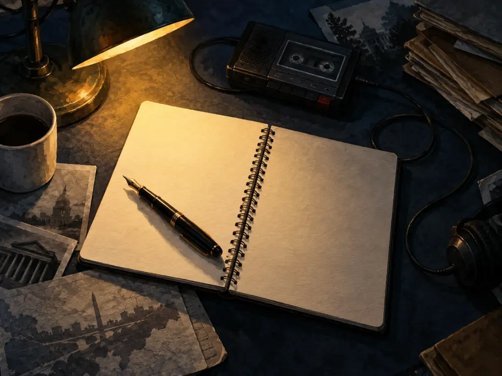 AI-generated editorial illustration: A blank reporter notebook, pen and cassette recorder under a desk lamp.