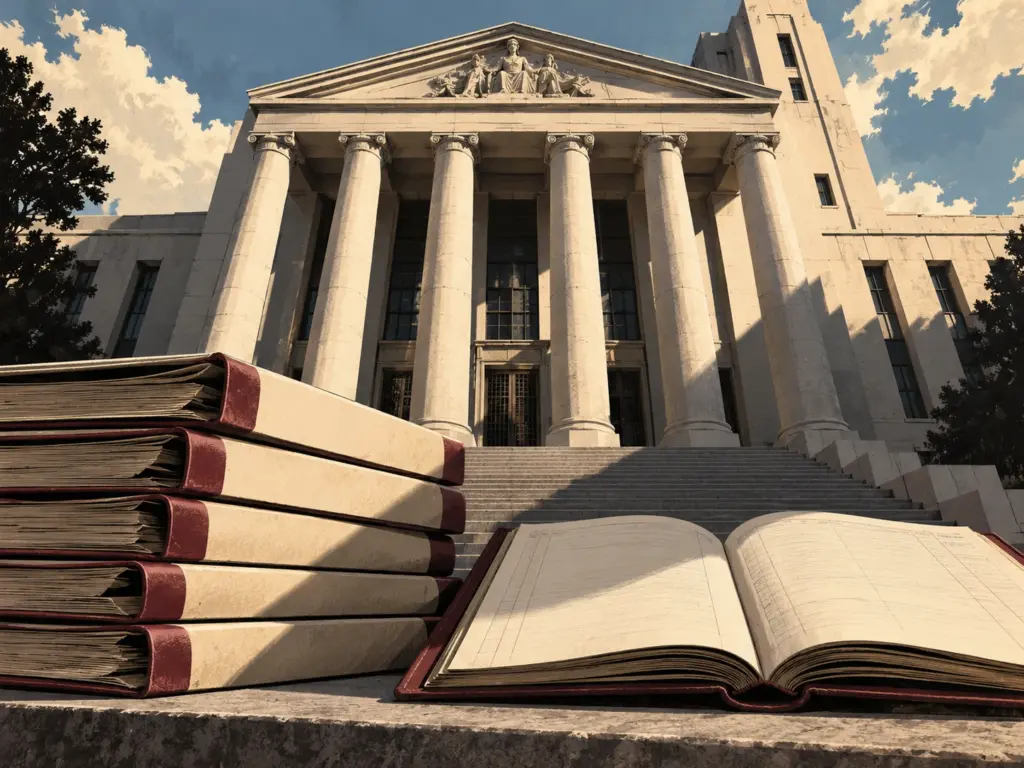 AI-generated editorial illustration: Nebraska courthouse columns above court files and an open ledger.