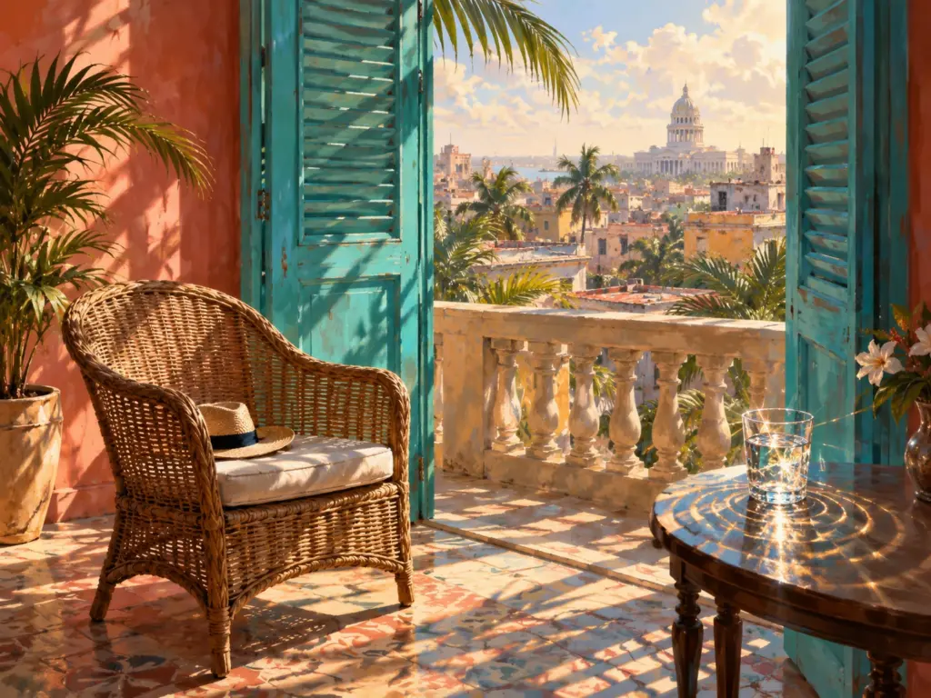 AI-generated editorial illustration: An empty chair beside turquoise shutters and a glass of water in a Havana interior.