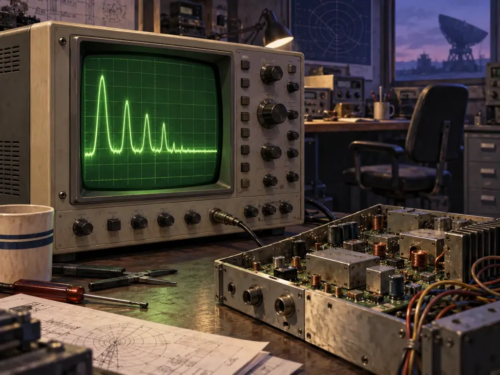 AI-generated editorial illustration: A vintage oscilloscope and circuit board on an empty electronics workbench.
