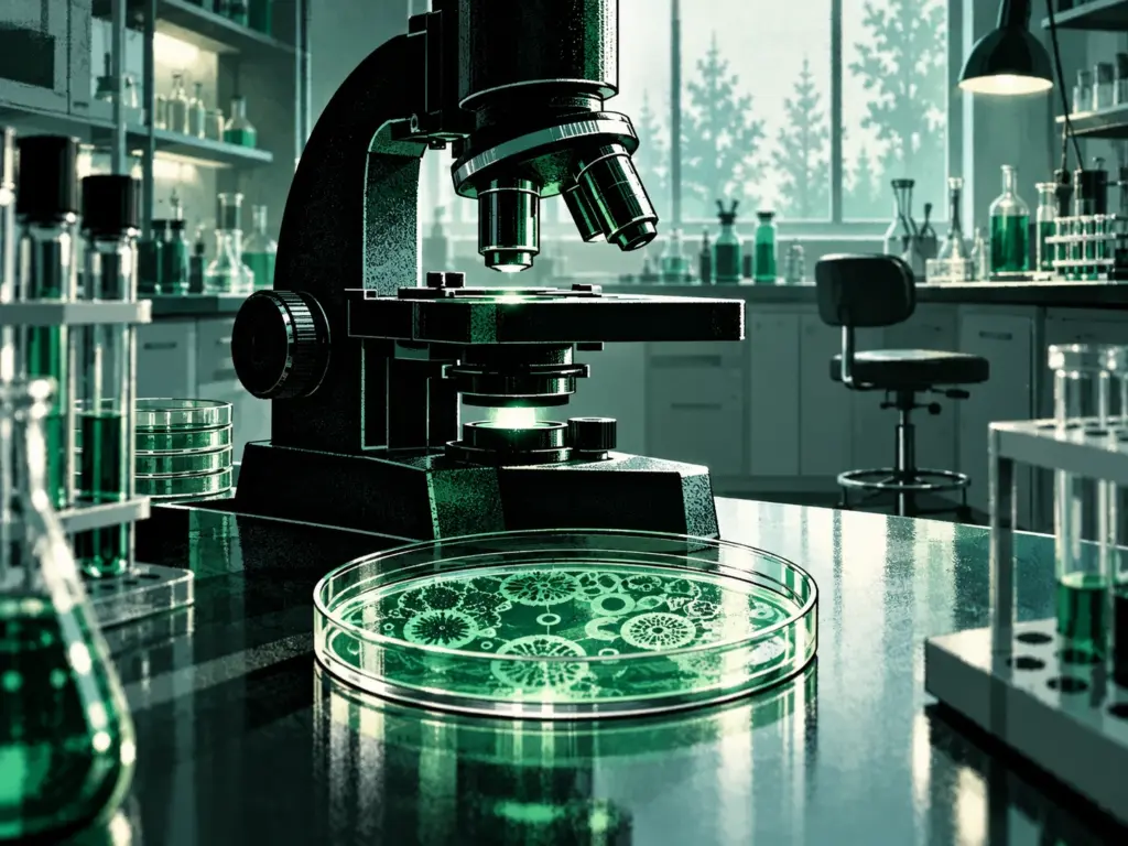 AI-generated editorial illustration: A microscope and petri dish in an empty laboratory.