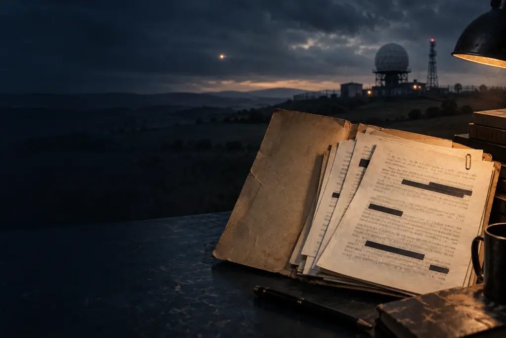 Editorial illustration of an open archive folder and redacted papers overlooking a radar station at dusk.