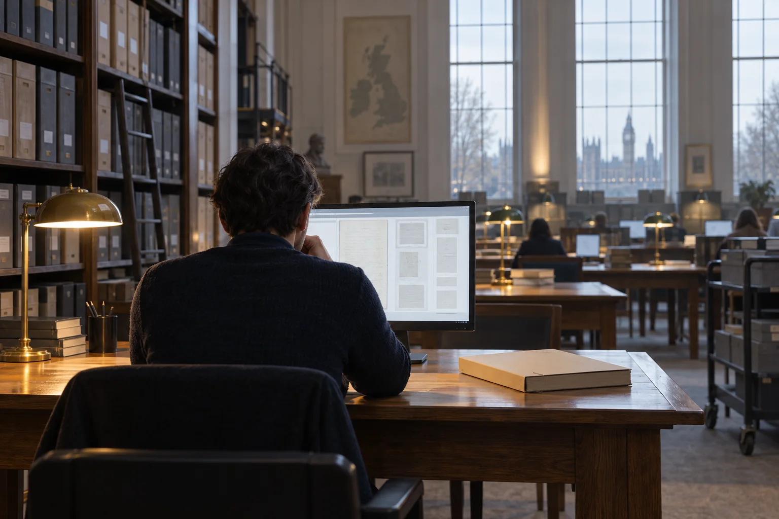 Editorial illustration of a researcher reading digitised records at a desk in a contemporary archive reading room.