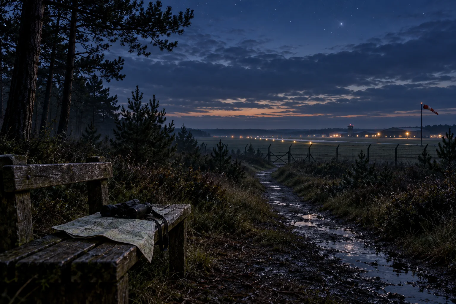 Editorial illustration of binoculars and a map beside a wooded path overlooking an airfield at twilight.