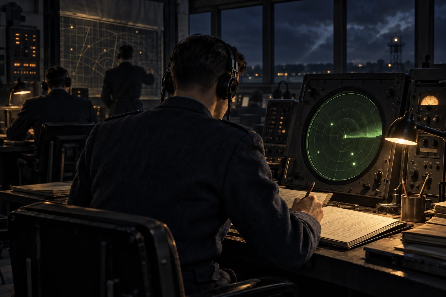Editorial illustration of an operator recording observations beside a green radar screen in a mid-century air-defence room.
